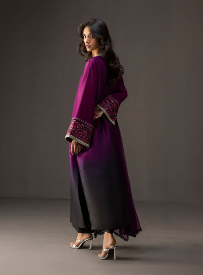 Zainab Chottani - 3 Piece Unstitched Embroidered and Printed SIlk Suit | MPT- Plum Dusk