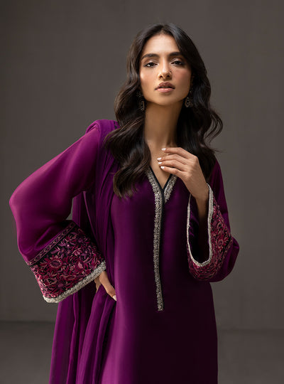 Zainab Chottani - 3 Piece Unstitched Embroidered and Printed SIlk Suit | MPT- Plum Dusk
