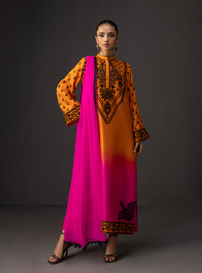 Zainab Chottani - 3 Piece Unstitched Embroidered and Printed SIlk Suit | MPT- Sunset Sorbet
