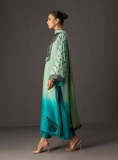 Zainab Chottani - 3 Piece Unstitched Embroidered and Printed SIlk Suit | MPT- Mint Cascade
