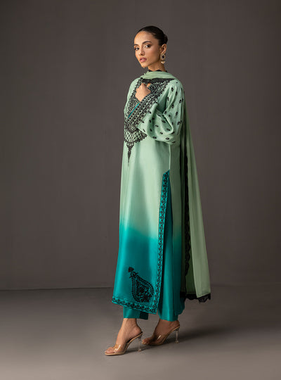 Zainab Chottani - 3 Piece Unstitched Embroidered and Printed SIlk Suit | MPT- Mint Cascade