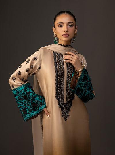 Zainab Chottani - 3 Piece Unstitched Embroidered and Printed SIlk Suit | MPT- Desert Dusk