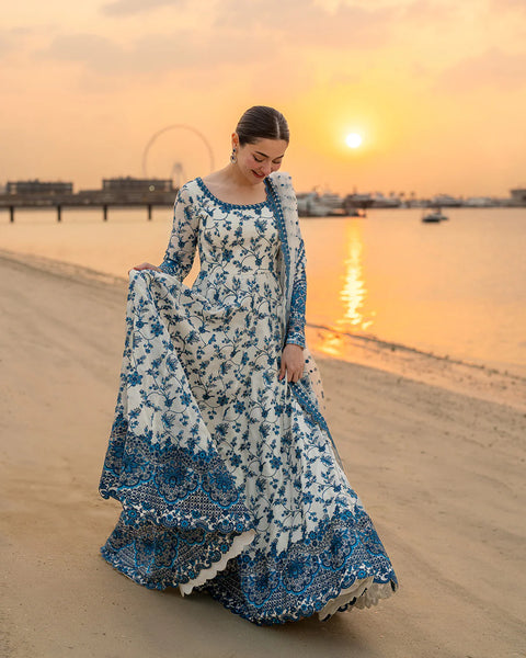 FAIZA SAQLAIN - 3PC LAWN EMBROIDERED SHIRT WITH EMBROIDERED NET DUPATTA AND TROUSER | Jehona