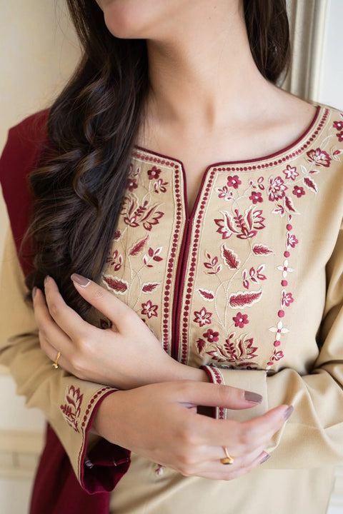 AISLING - 3PC DHANAK EMBROIDERED SHIRT WITH DHANAK PRINTED SHAWL AND TROUSER- KPR 1328
