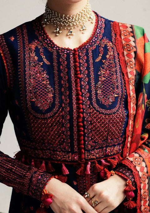 HUSSAIN REHAR - 3PC DHANAK EMBROIDERED SHIRT DHANAK HEAVY EMBROIDERED SHAWL DUPATTA AND TROUSER - Cerulean