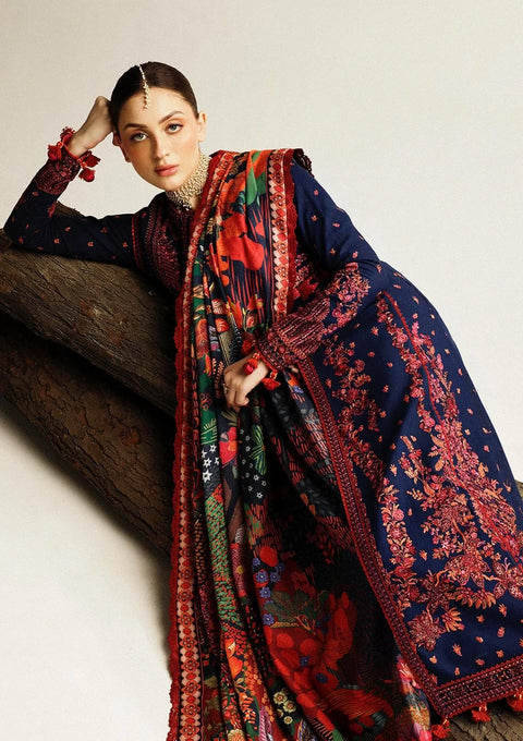 HUSSAIN REHAR - 3PC DHANAK EMBROIDERED SHIRT DHANAK HEAVY EMBROIDERED SHAWL DUPATTA AND TROUSER - Cerulean