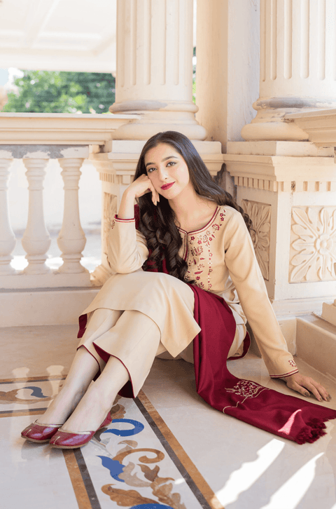 AISLING - 3PC DHANAK EMBROIDERED SHIRT WITH DHANAK PRINTED SHAWL AND TROUSER- KPR 1328