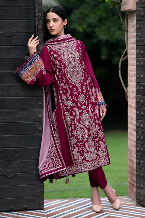 JAZMIN - 3PC KHADDAR EMBROIDERED SHIRT WITH PRINTED TWILL SHAWL AND TROUSER -KPR633