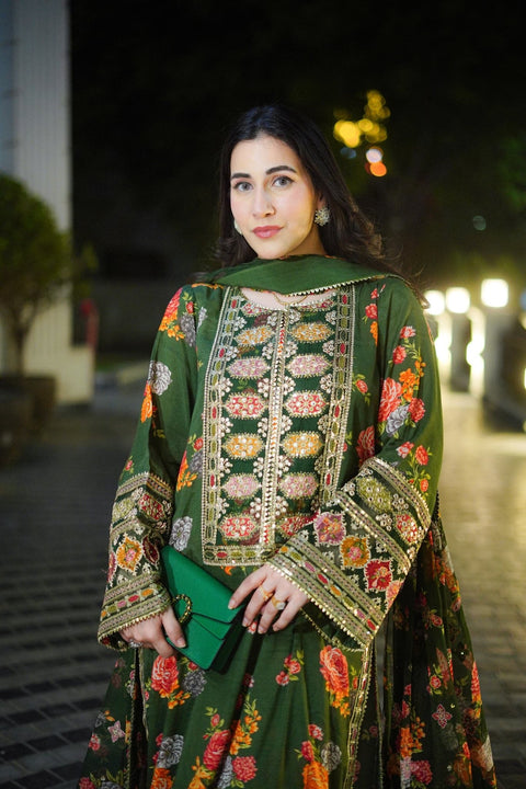 Aneelas Luxury Silk 3 Piece Unstitched -GREEN