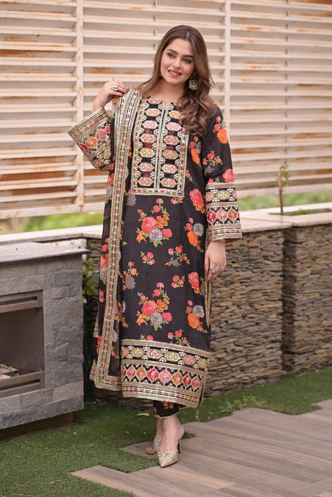 Aneelas Luxury Silk 3 Piece Unstitched -Black