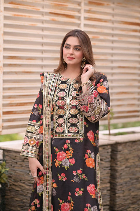 Aneelas Luxury Silk 3 Piece Unstitched -Black