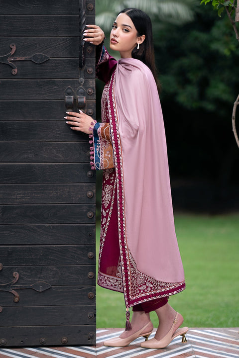 JAZMIN - 3PC KHADDAR EMBROIDERED SHIRT WITH PRINTED TWILL SHAWL AND TROUSER -KPR633