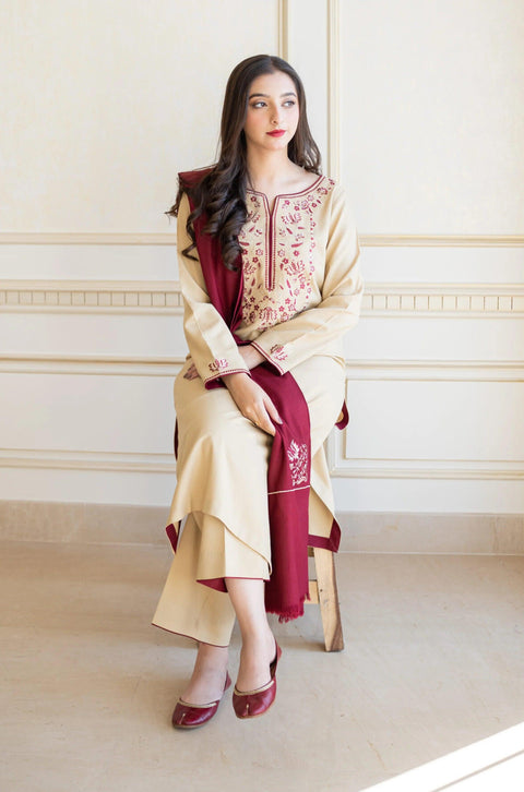 AISLING - 3PC DHANAK EMBROIDERED SHIRT WITH DHANAK PRINTED SHAWL AND TROUSER- KPR 1328