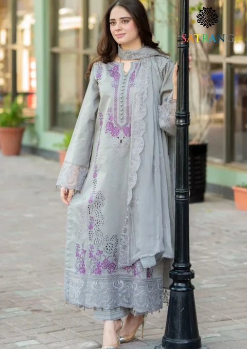 LIBAAS -  3PC Lawn Embroidered SHIRT WITH Embroidered DUPATTA AND TROUSER -GRY-25
