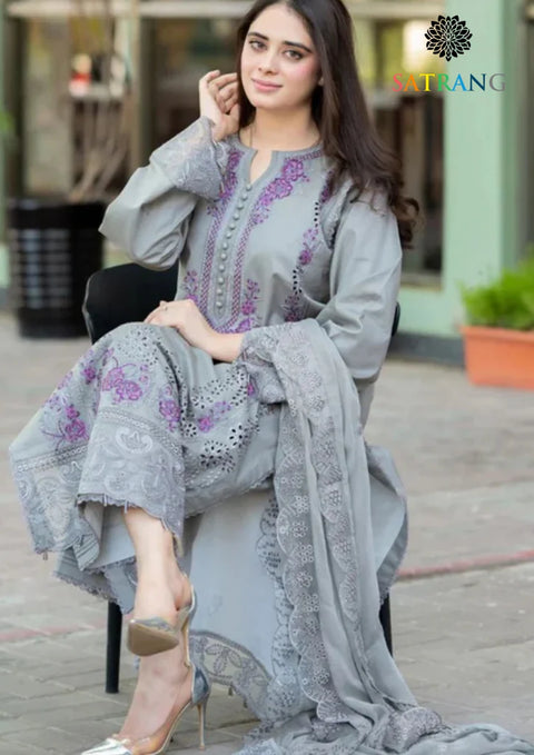 LIBAAS -  3PC Lawn Embroidered SHIRT WITH Embroidered DUPATTA AND TROUSER -GRY-25