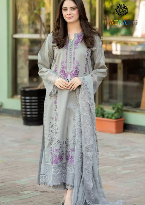 LIBAAS -  3PC Lawn Embroidered SHIRT WITH Embroidered DUPATTA AND TROUSER -GRY-25