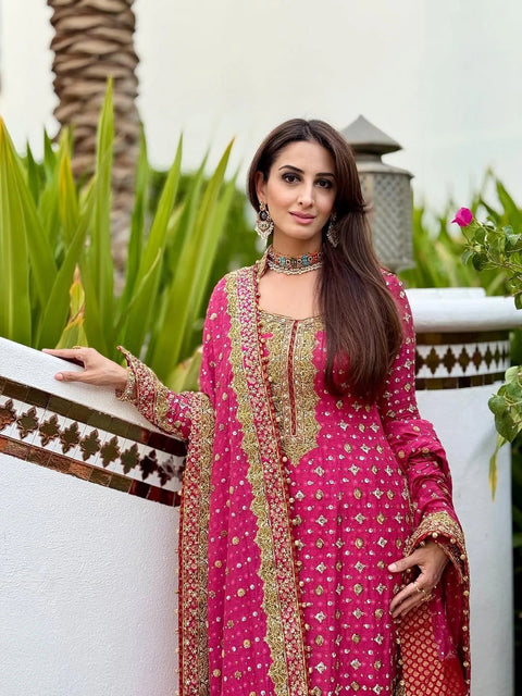 Poshkari Luxury Chiffon Embroidered 3 Pc Unstitched Collection Shocking Pink