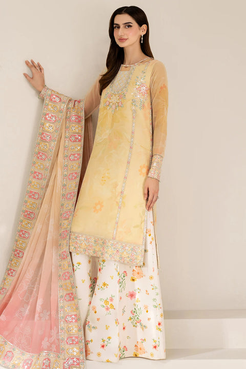 FARASHA - 3PC LAWN EMBROIDERED SHIRT WITH MANAAR PRINTED DUPATTA AND TROUSER - Floral Ray