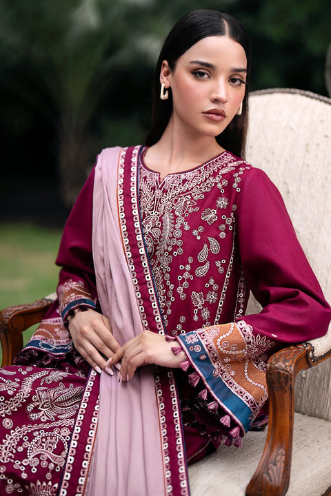 JAZMIN - 3PC KHADDAR EMBROIDERED SHIRT WITH PRINTED TWILL SHAWL AND TROUSER -KPR633