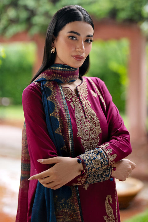 JAZMIN - 3PC DHANAK EMBROIDERED SHIRT WITH PRINTED TWILL SHAWL AND TROUSER -KPR798