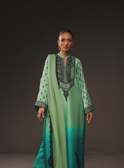 Zainab Chottani - 3 Piece Unstitched Embroidered and Printed SIlk Suit | MPT- Mint Cascade