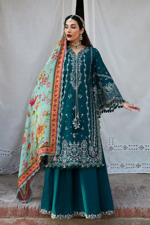HUSSAIN REHAR - 3PC DHANAK EMBROIDERED SHIRT WITH PRINTED  SHAWL AND TROUSER - KPR- Saage-03