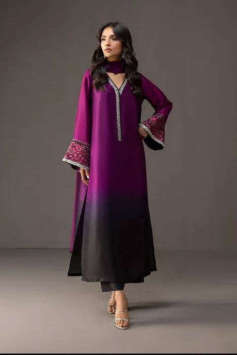 Zainab Chottani - 3 Piece Unstitched Embroidered and Printed SIlk Suit | MPT- Plum Dusk