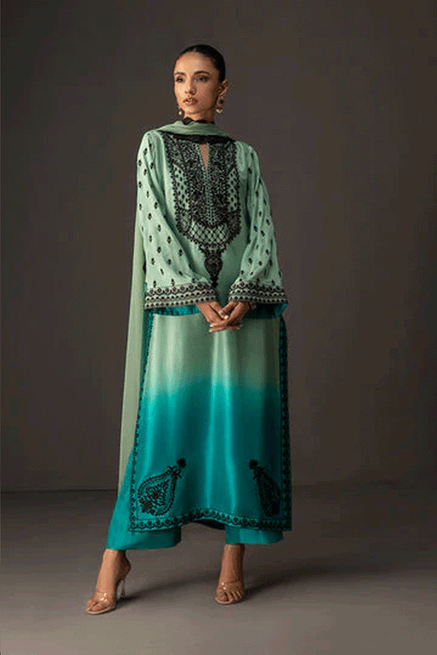 Zainab Chottani - 3 Piece Unstitched Embroidered and Printed SIlk Suit | MPT- Mint Cascade