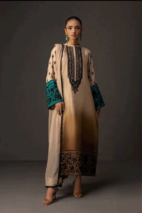 Zainab Chottani - 3 Piece Unstitched Embroidered and Printed SIlk Suit | MPT- Desert Dusk