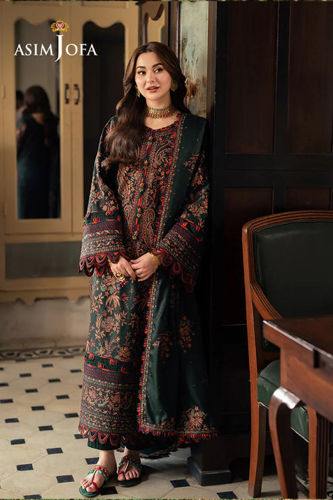 ASIM JOFA - 3PC DHANAK EMBROIDERED SHIRT WITH DHANAK EMBROIDERED SHAWL AND EMBROIDERED TROUSER - KPR- AJKI-01