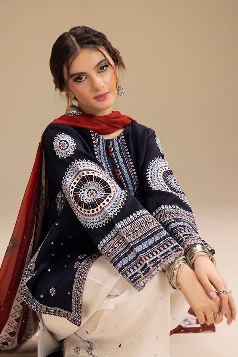 Jazmin - 3PC DHANAK EMBROIDERED SHIRT WITH TWILL DUPATTA AND COTTON TROUSER - BL-1