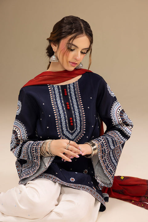 Jazmin - 3PC DHANAK EMBROIDERED SHIRT WITH TWILL DUPATTA AND COTTON TROUSER - BL-1