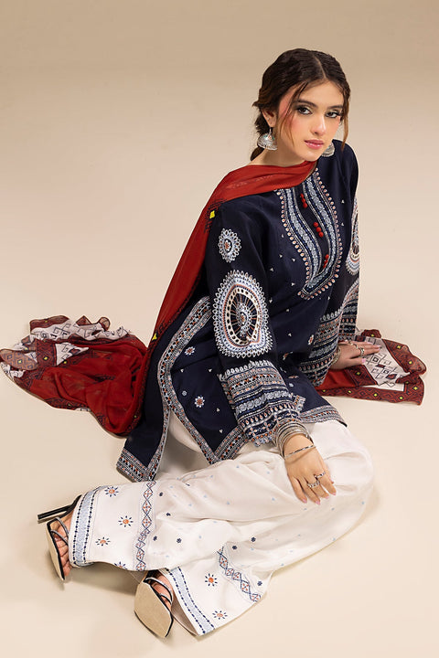 Jazmin - 3PC DHANAK EMBROIDERED SHIRT WITH TWILL DUPATTA AND COTTON TROUSER - BL-1