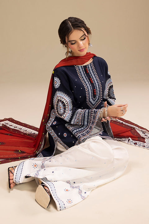 Jazmin - 3PC DHANAK EMBROIDERED SHIRT WITH TWILL DUPATTA AND COTTON TROUSER - BL-1