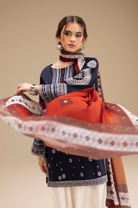 Jazmin - 3PC DHANAK EMBROIDERED SHIRT WITH TWILL DUPATTA AND COTTON TROUSER - BL-1