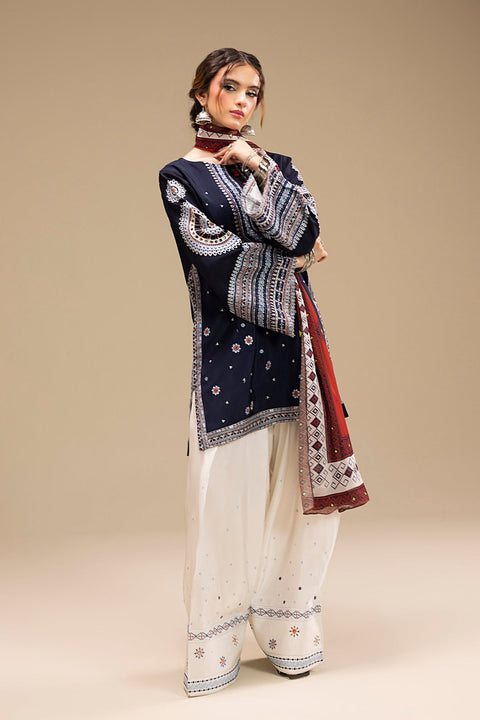 Jazmin - 3PC DHANAK EMBROIDERED SHIRT WITH TWILL DUPATTA AND COTTON TROUSER - BL-1