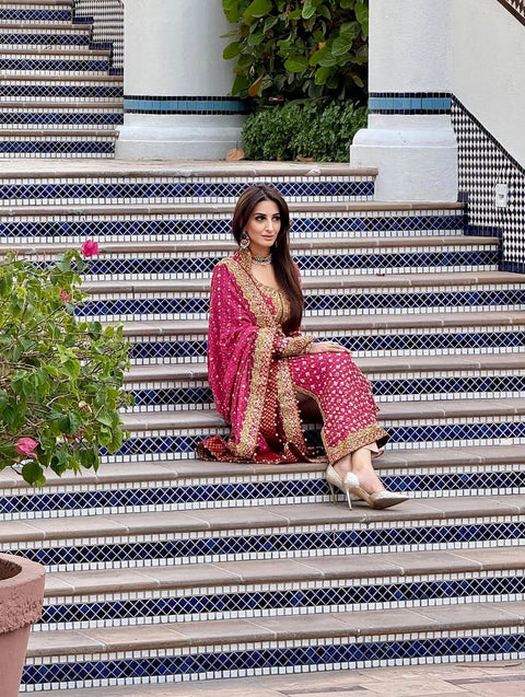 Poshkari Luxury Chiffon Embroidered 3 Pc Unstitched Collection Shocking Pink