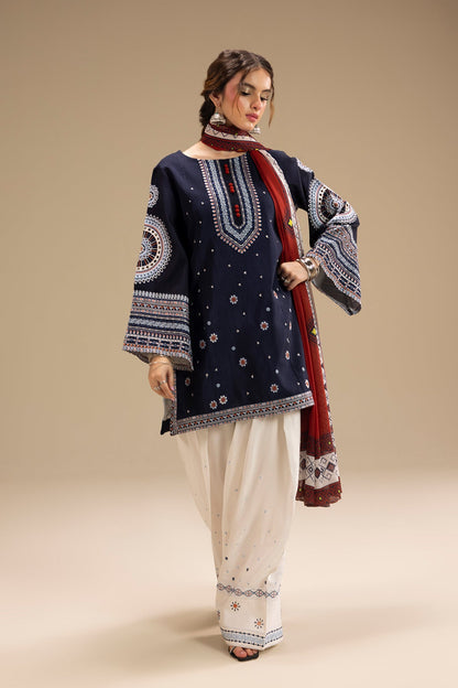 Jazmin - 3PC DHANAK EMBROIDERED SHIRT WITH TWILL DUPATTA AND COTTON TROUSER - BL-1