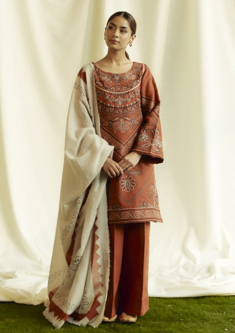 ZARA SHAH JAHAN - 3PC DHANAK EMBROIDERED SHIRT WITH DIAMOND PRINTED DUPATTA AND TROUSER - KPR1952