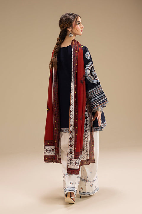 Jazmin - 3PC DHANAK EMBROIDERED SHIRT WITH TWILL DUPATTA AND COTTON TROUSER - BL-1