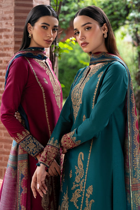 JAZMIN - 3PC DHANAK EMBROIDERED SHIRT WITH PRINTED TWILL SHAWL AND TROUSER -KPR798
