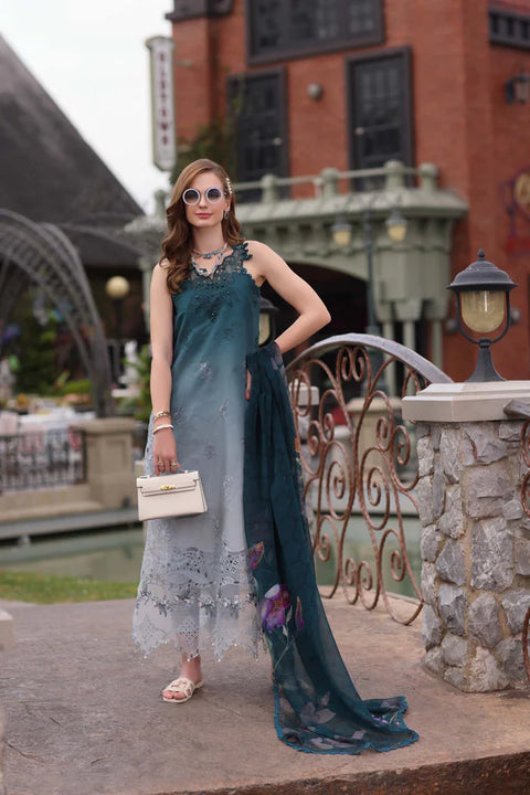 NOOR EID LUXE - 3 Piece Unstitched Embroidered Lawn Suit D10- Teal Ombre