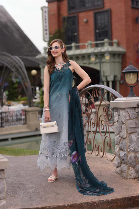 NOOR EID LUXE - 3 Piece Unstitched Embroidered Lawn Suit D10- Teal Ombre