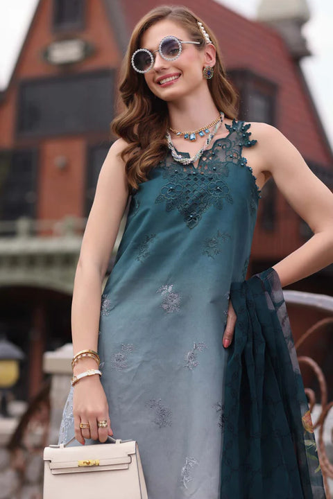 NOOR EID LUXE - 3 Piece Unstitched Embroidered Lawn Suit D10- Teal Ombre