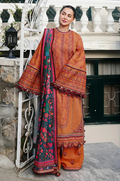HUSSAIN REHAR  -3PC DHANAK EMBROIDERED SHIRT WITH PRINTED SHAWL AND TROUSER- 10 Tamar