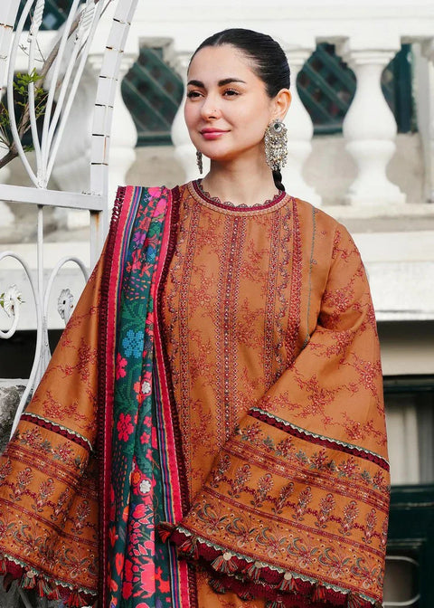 HUSSAIN REHAR  -3PC DHANAK EMBROIDERED SHIRT WITH PRINTED SHAWL AND TROUSER- 10 Tamar
