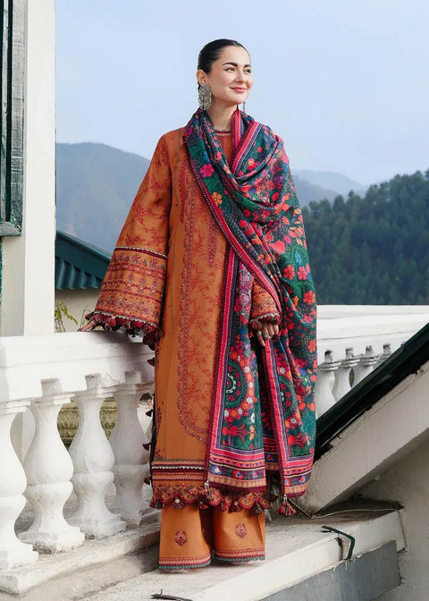 HUSSAIN REHAR  -3PC DHANAK EMBROIDERED SHIRT WITH PRINTED SHAWL AND TROUSER- 10 Tamar