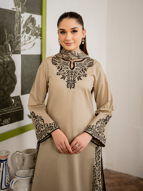 GARNET - 3PC DHANAK EMBROIDERED SHIRT WITH TWILL PRINTED SHAWL AND TROUSER - KPR1822