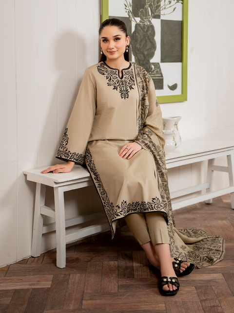 GARNET - 3PC DHANAK EMBROIDERED SHIRT WITH TWILL PRINTED SHAWL AND TROUSER - KPR1822
