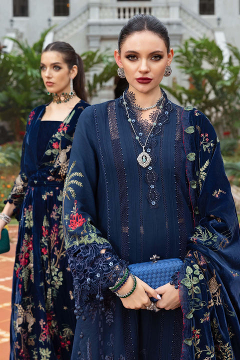 Maria B -3 Piece Unstitched Embroidered Velvet Shawl Suit WL-1312-Navy Blue